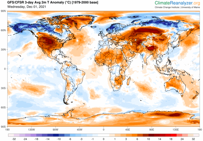Anomalie de température à 2 m pour la journée du 2 décembre. © ClimateReanalyzer.org