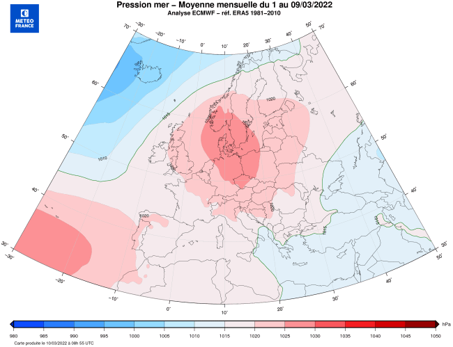Pression réduite au niveau de la mer, moyenne mensuelle du 1er au 9 mars 2022 29 octobre 2021 à 12 UTC © Météo-France