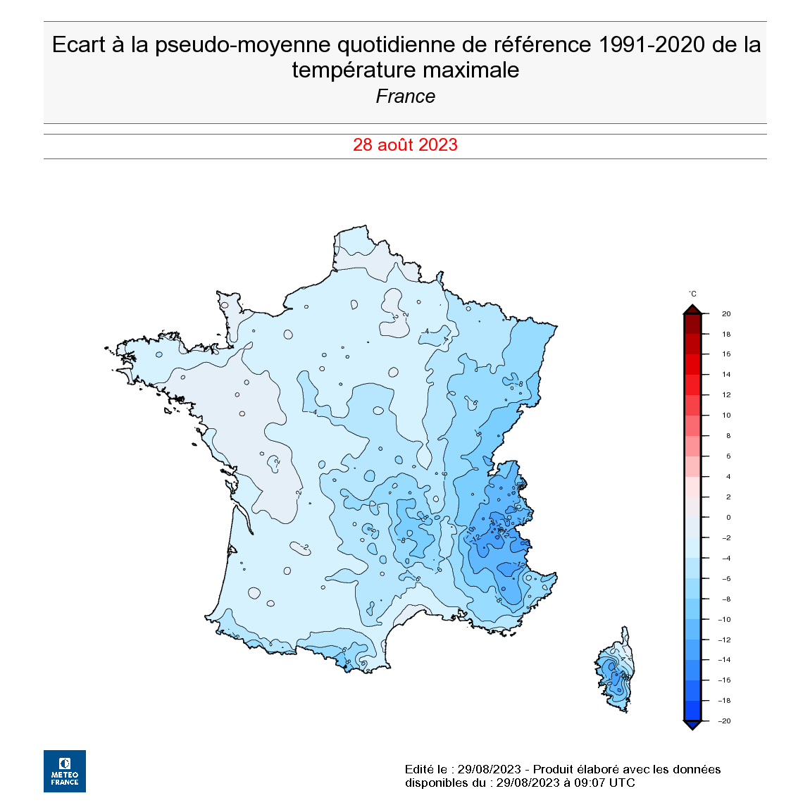 Températures maximales lundi 28 août 2023