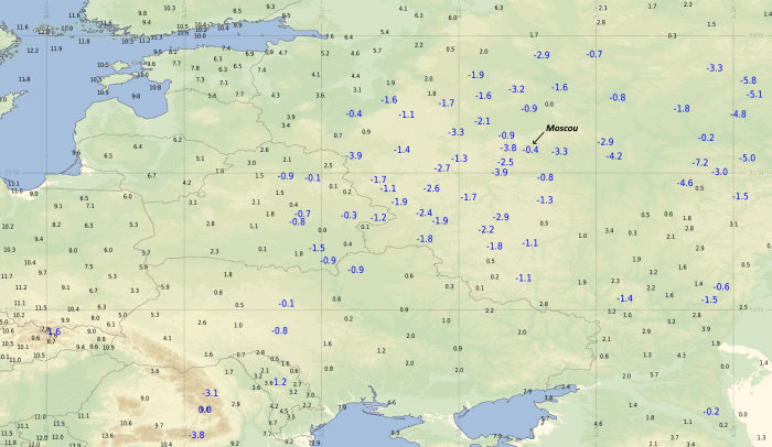 Températures minimales observées ce jeudi 7 octobre 2021 sur l’est de l’Europe © Météo-France