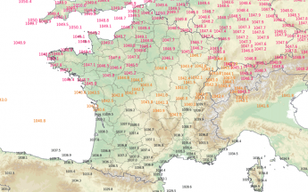 Pressions observées lundi 20 janvier 2020 à 11 h 30, heure à laquelle on mesure le record de 1049,7 hPa à Abbeville. © Météo-France.