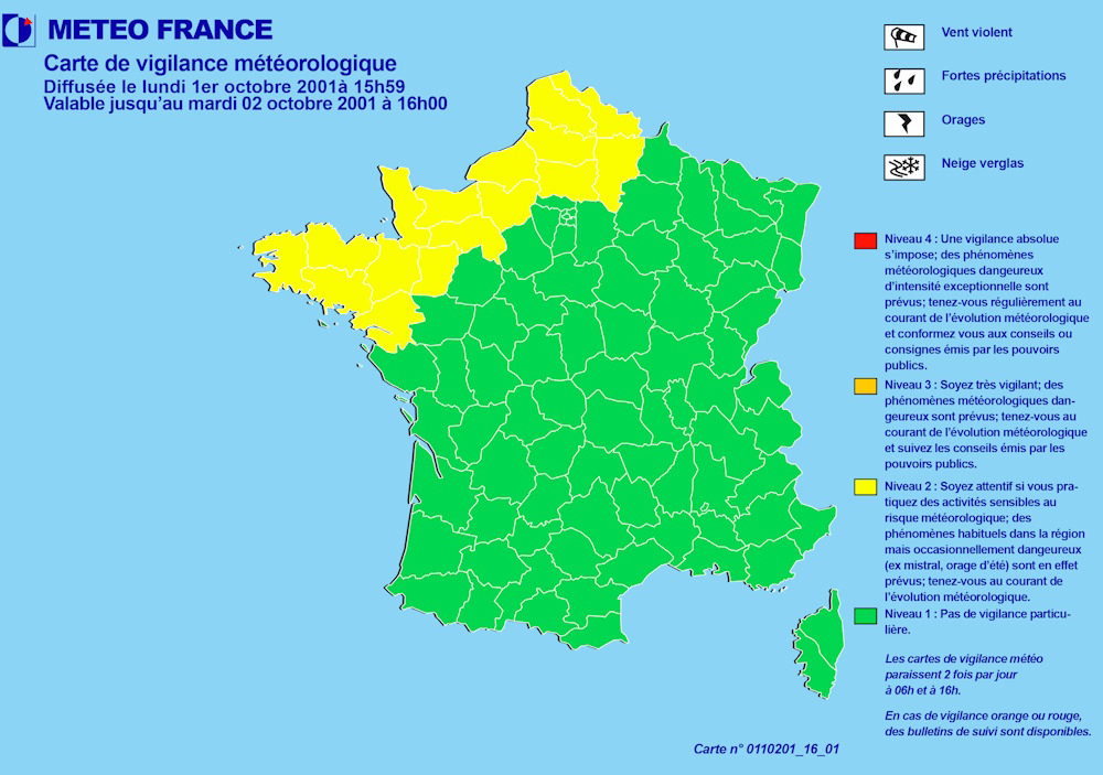 Première carte de Vigilance publiée le 1er octobre 2001. © Météo-France.
