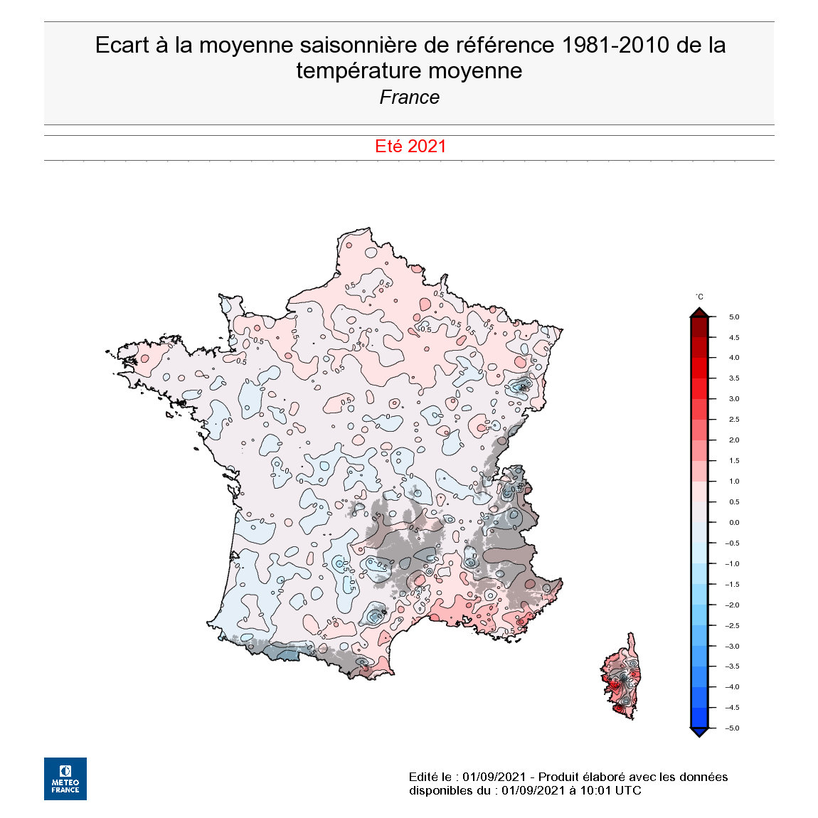 Écart à la moyenne saisonnière de référence 1981-2010 de la température moyenne, été 2021. © Météo-France.