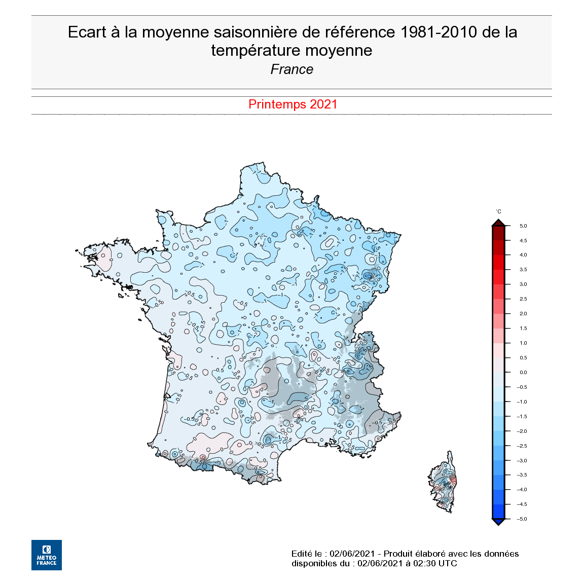 Écart à la moyenne saisonnière de référence 1981-2010 de la température moyenne en France, au printemps 2021. © Météo-France.