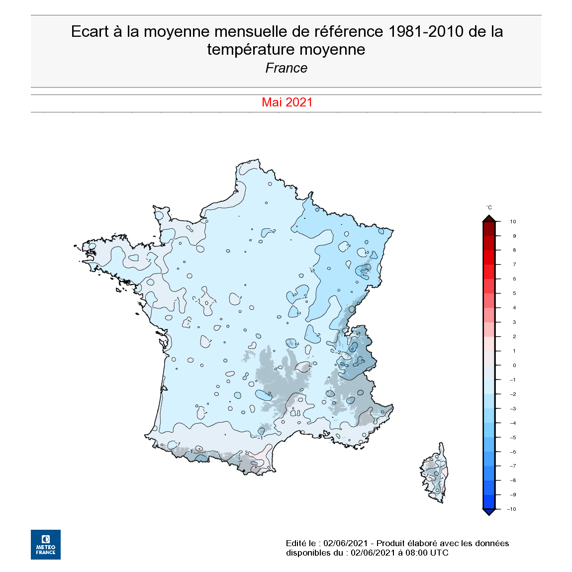 Écart à la moyenne mensuelle de référence 1981-2010 de la température moyenne en France, en mai 2021. © Météo-France. 