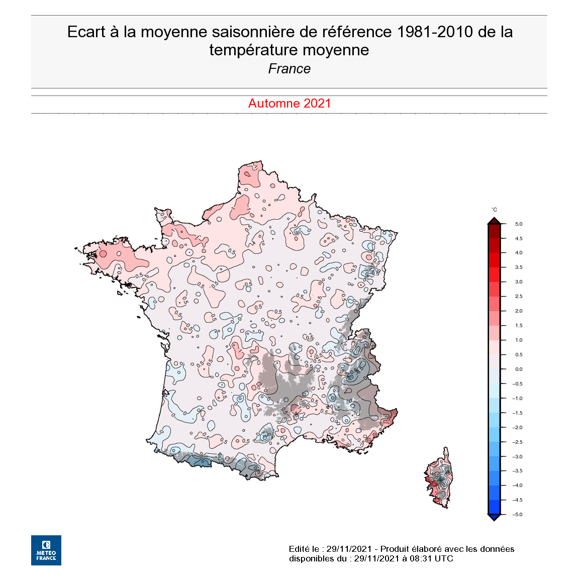 Écart à la moyenne saisonnière de référence 1981-2010 de la température moyenne en France, en l’automne 2021.