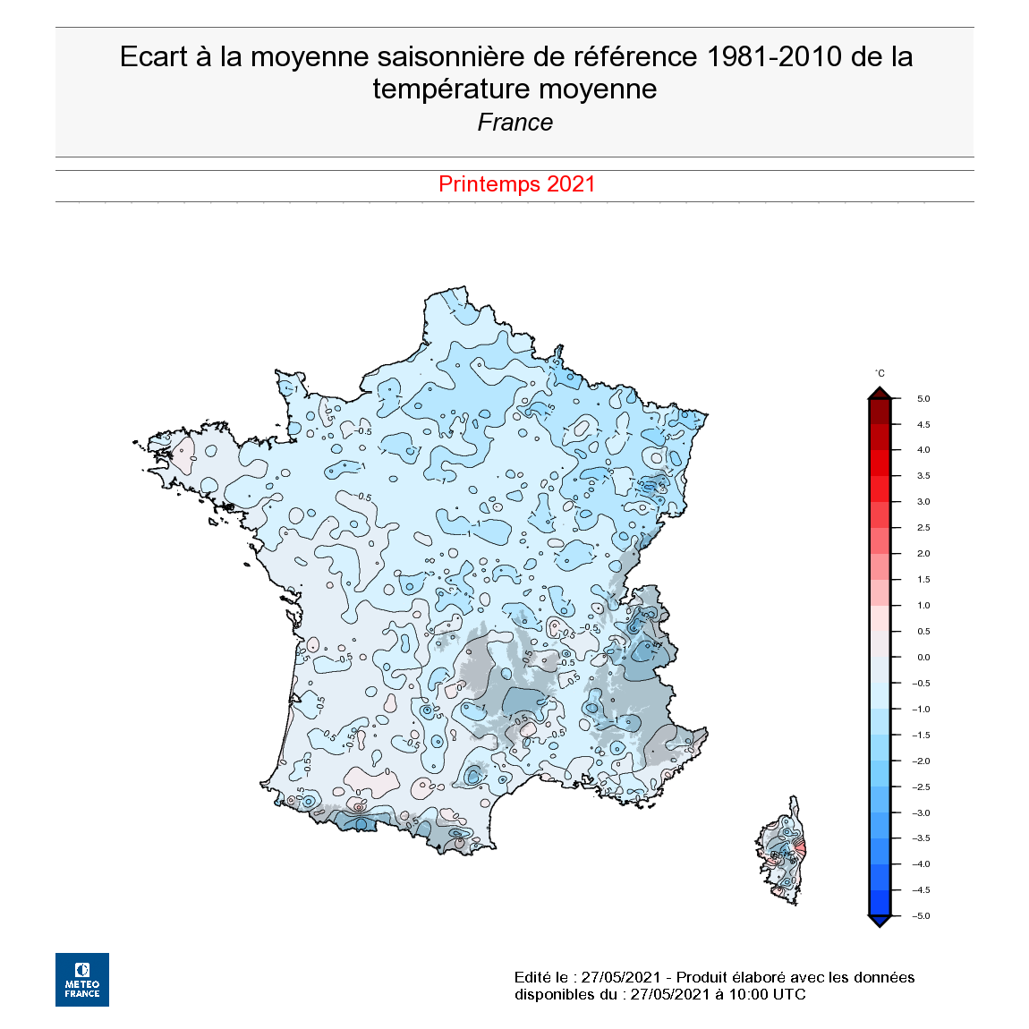 Écart à la moyenne saisonnière de référence 1981-2010 de la température moyenne en France, printemps 2021. © Météo-France.