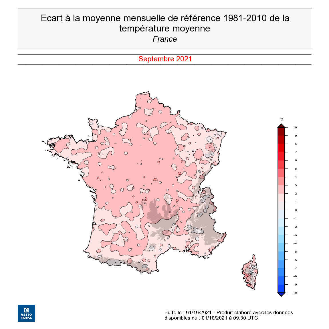 Écart à la moyenne mensuelle de référence 1981-2010 de la température moyenne en France, en septembre 2021. © Météo-France.