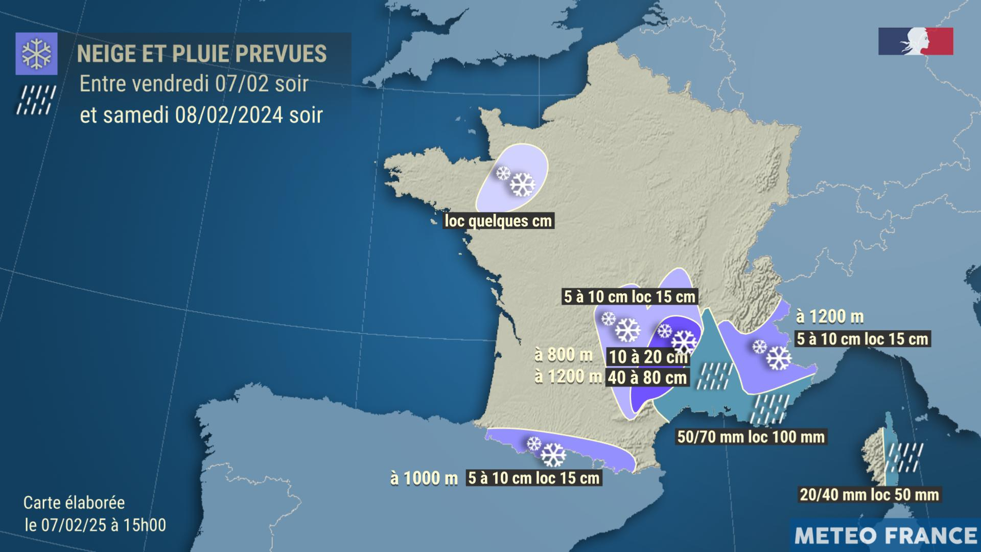 Neige et pluie prévues entre vendredi 7 au soir et samedi 8 février 2025 au soir© Météo-France