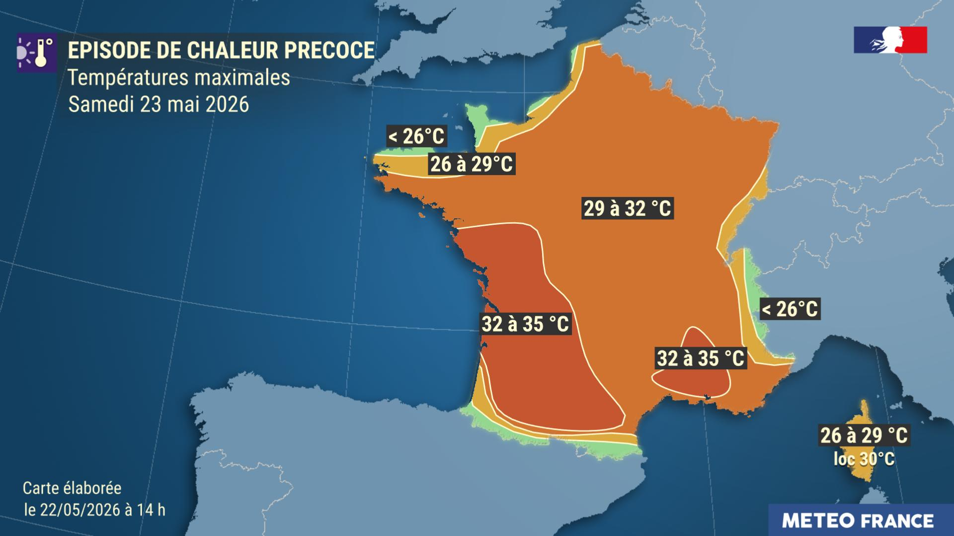 Températures maximales prévues le samedi 23 mai 2026 © Météo-France