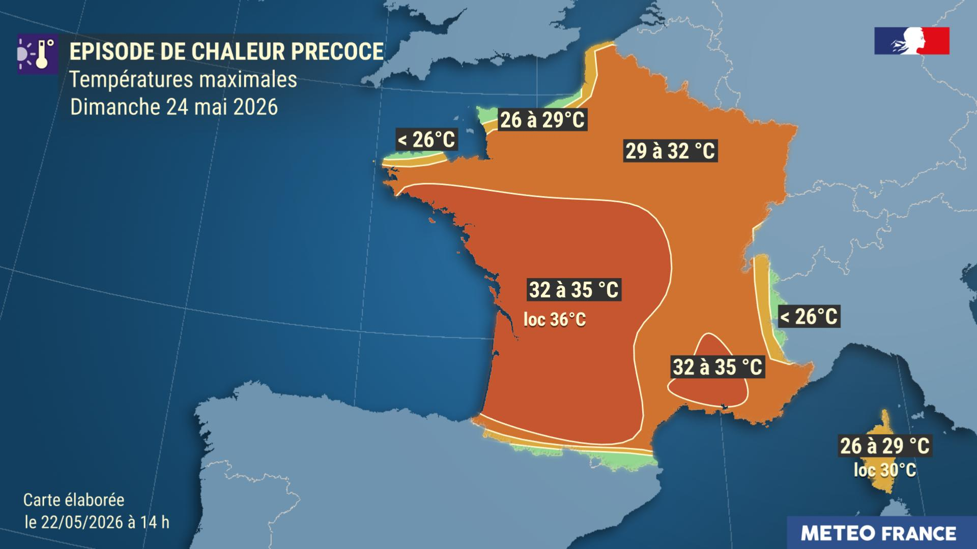 Températures maximales prévues le dimanche 24 mai 2026 © Météo-France
