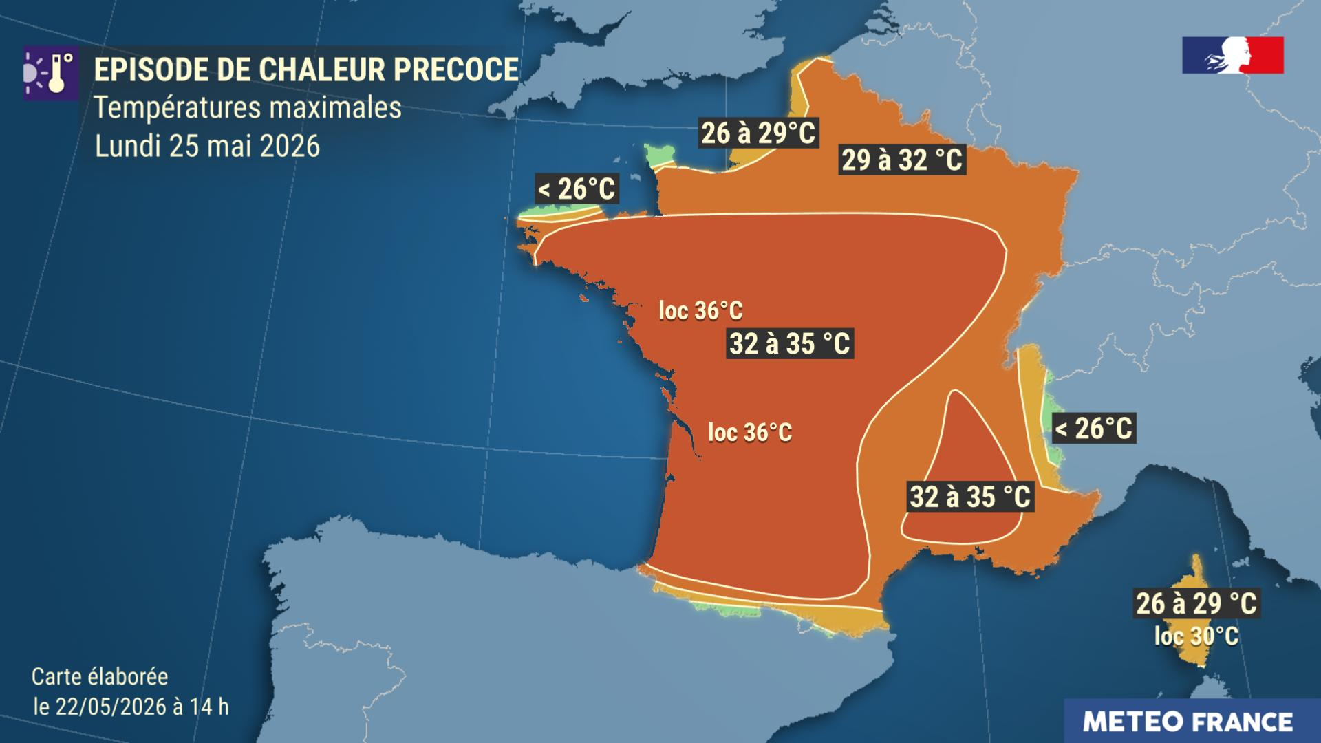 Températures maximales prévues le lundi 25 mai 2026 © Météo-France