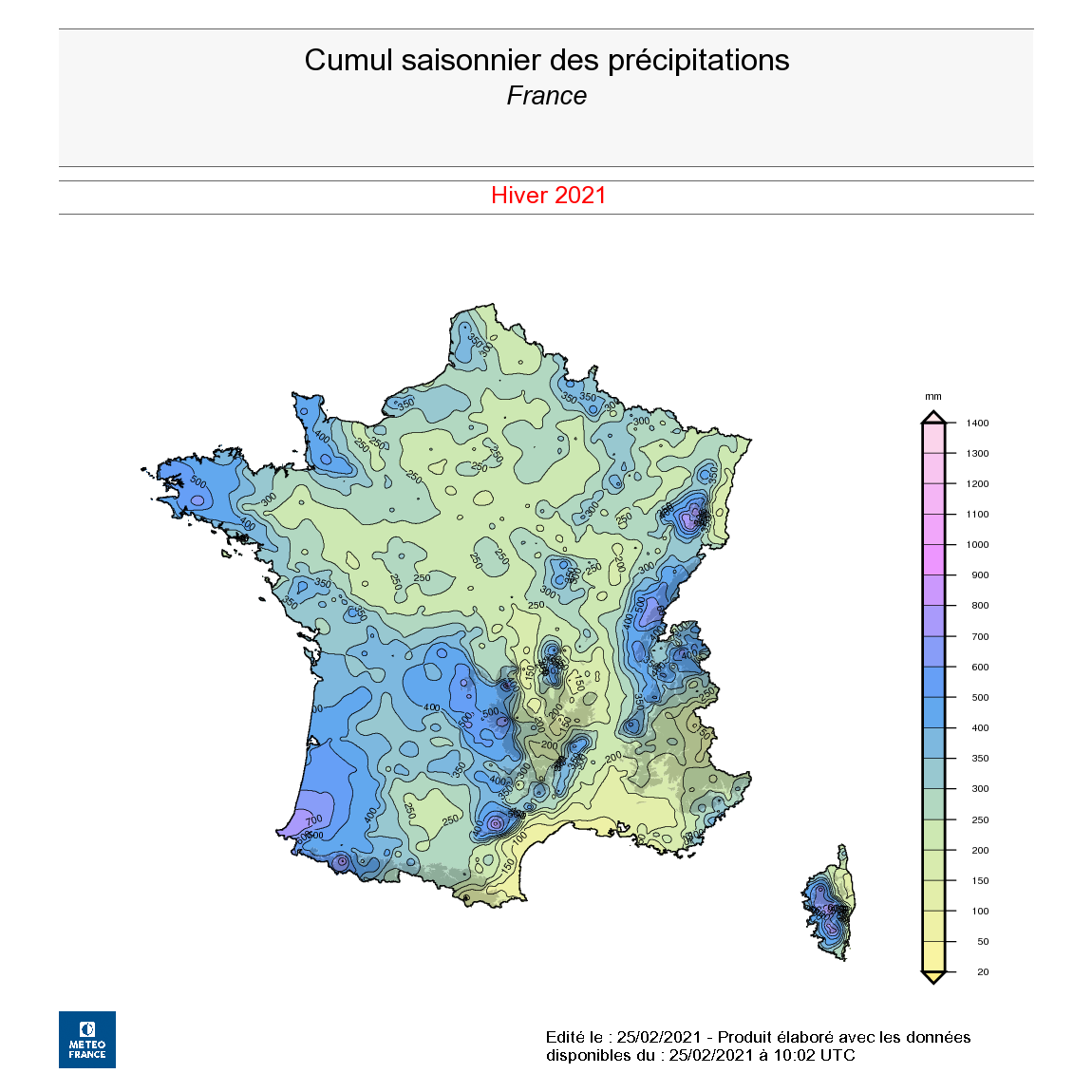 Cumul saisonnier des précipitations en France, hiver 2020-2021. © Météo-France.
