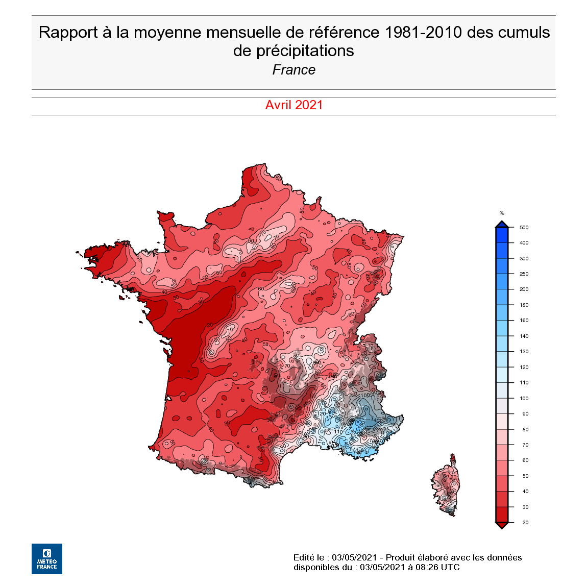 Rapport à la moyenne de référence 1981-2010 des cumuls de précipitations en France, en avril 2021. © Météo-France.