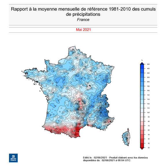 Rapport à la moyenne mensuelle de référence 1981-2010 des cumuls des précipitations en France, en mai 2021. © Météo-France.