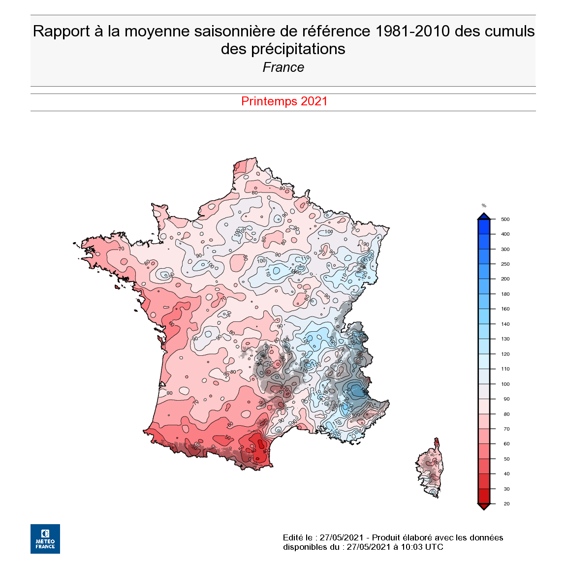 Rapport à la moyenne saisonnière de référence 1981-2010 des cumuls des précipitations en France, printemps 2021. © Météo-France.