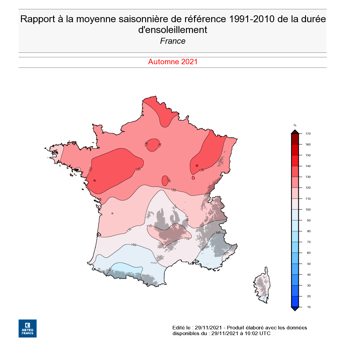 Rapport à la moyenne saisonnière 1991-2010 de la durée d’ensoleillement en France, en l’automne 2021.