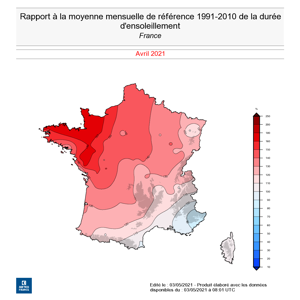 Rapport à la moyenne de référence 1991-2010 de la durée d’ensoleillement en France, en avril 2021. © Météo-France.
