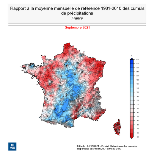 Rapport à la moyenne mensuelle de référence 1981-2010 des cumuls de précipitations en France, en septembre 2021. © Météo-France.