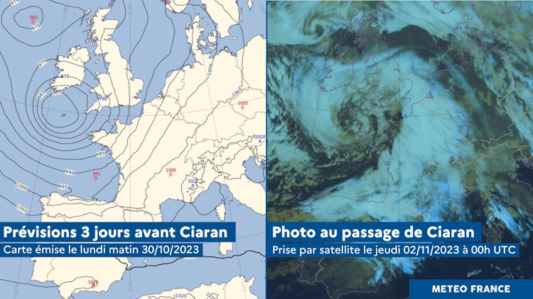 Comparatif prévision/image satellite Ciarán. © Météo-France
