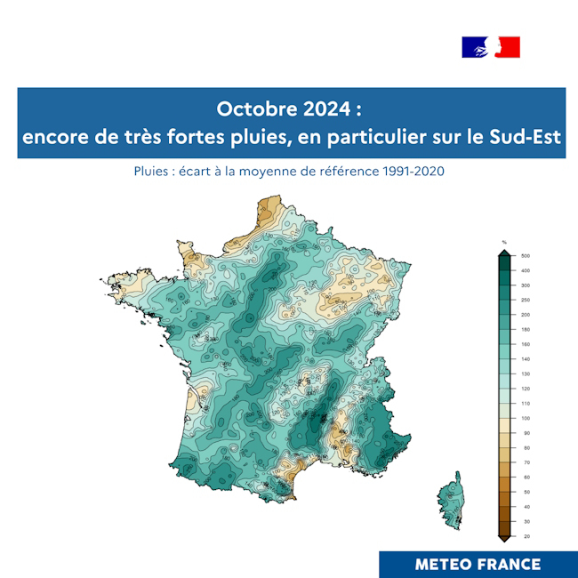 Pluies : écart à la moyenne de référence 1991-2020 pour octobre 2024 © Météo-France
