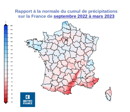Rapport à la normale du cumul de précipitations de septembre 2022 à mars 2023. © Météo-France