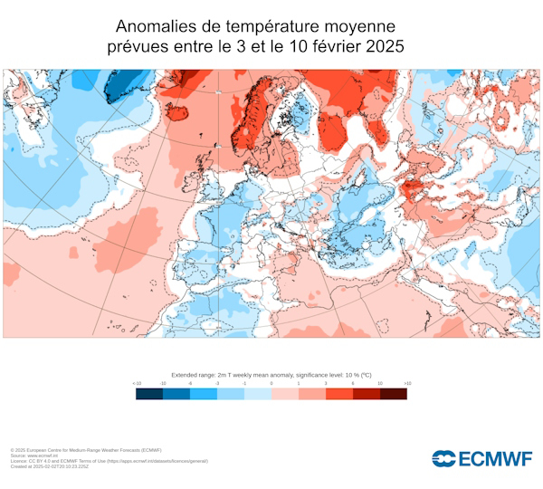Anomalie de température moyenne prévue entre le 3 et le 10 février 2025 © Météo-France