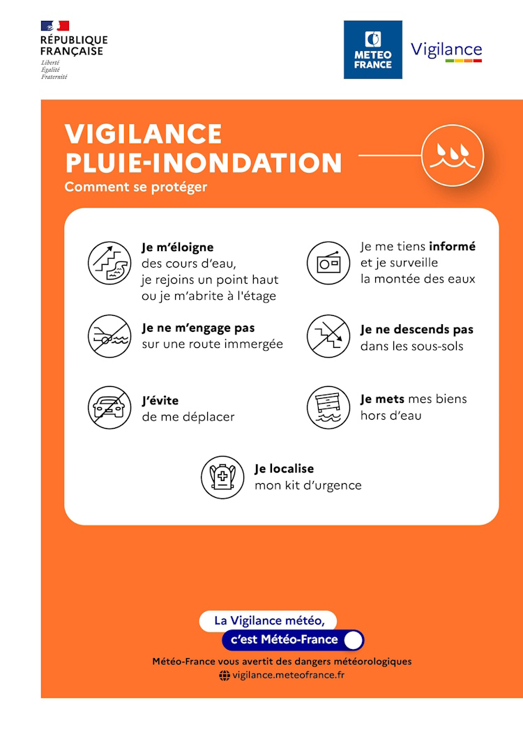 Conseils de comportements - Vigilance orange - Pluie-inondations. © Météo-France