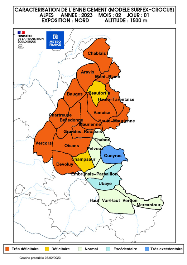 Caractérisation de l'enneigement début février sur les Alpes en moyenne montagne. © Météo-France