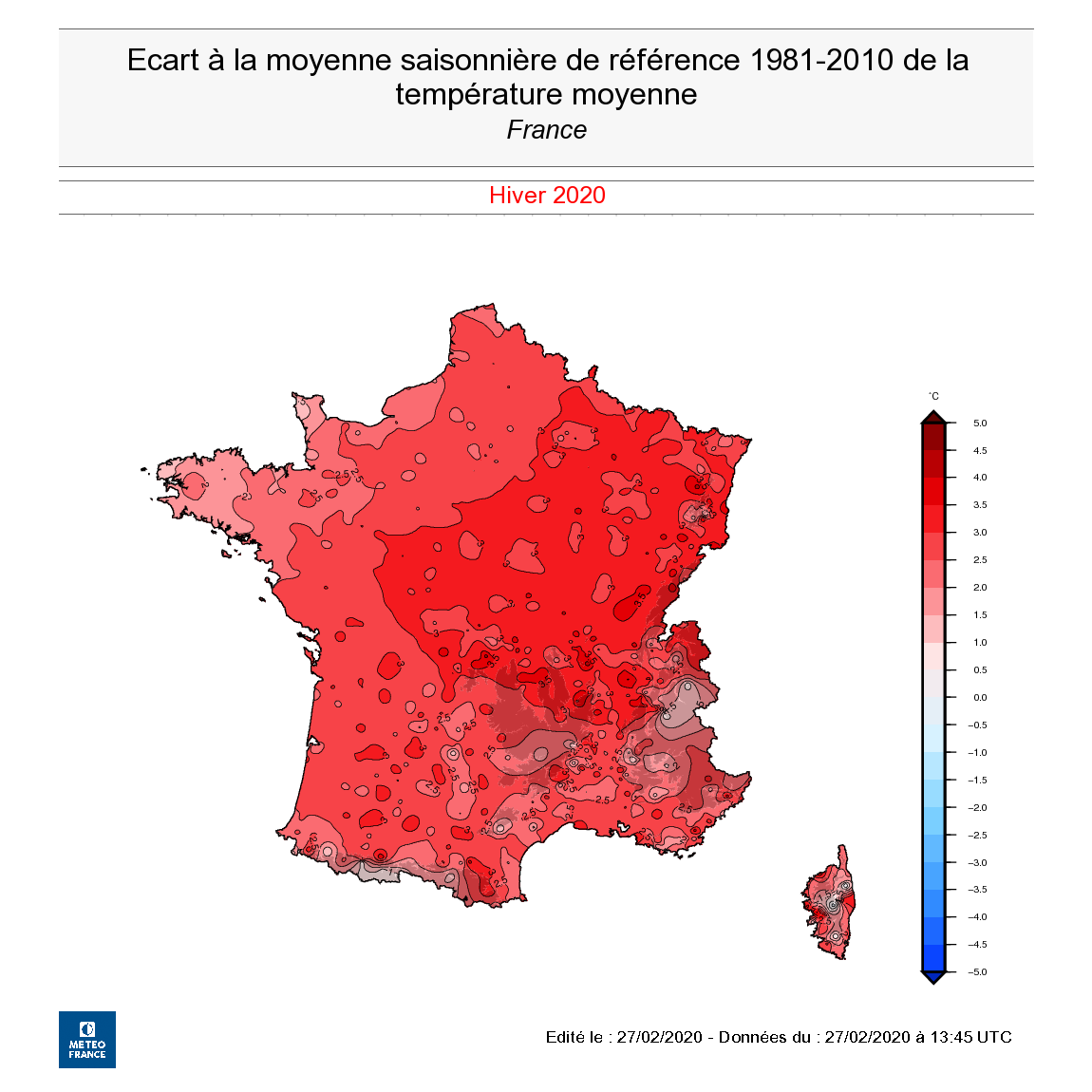 Anomalie de température moyenne - hiver 2019-2020 en France métropolitaine