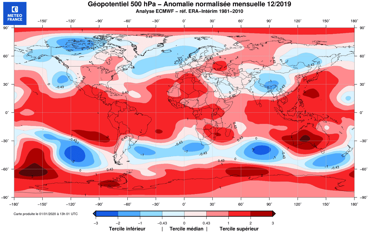 Anomalie globale de températures en décembre 2019