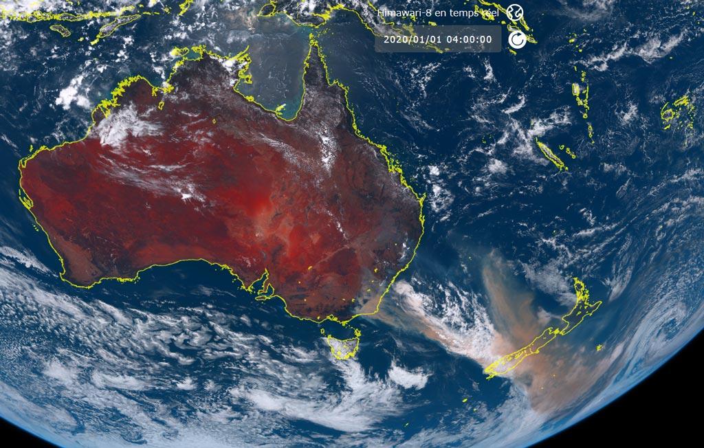 Image du satellite Himawari-8 : panache de fumée émanant des incendies en Australie le 1 janvier 2020 - © Météo-France