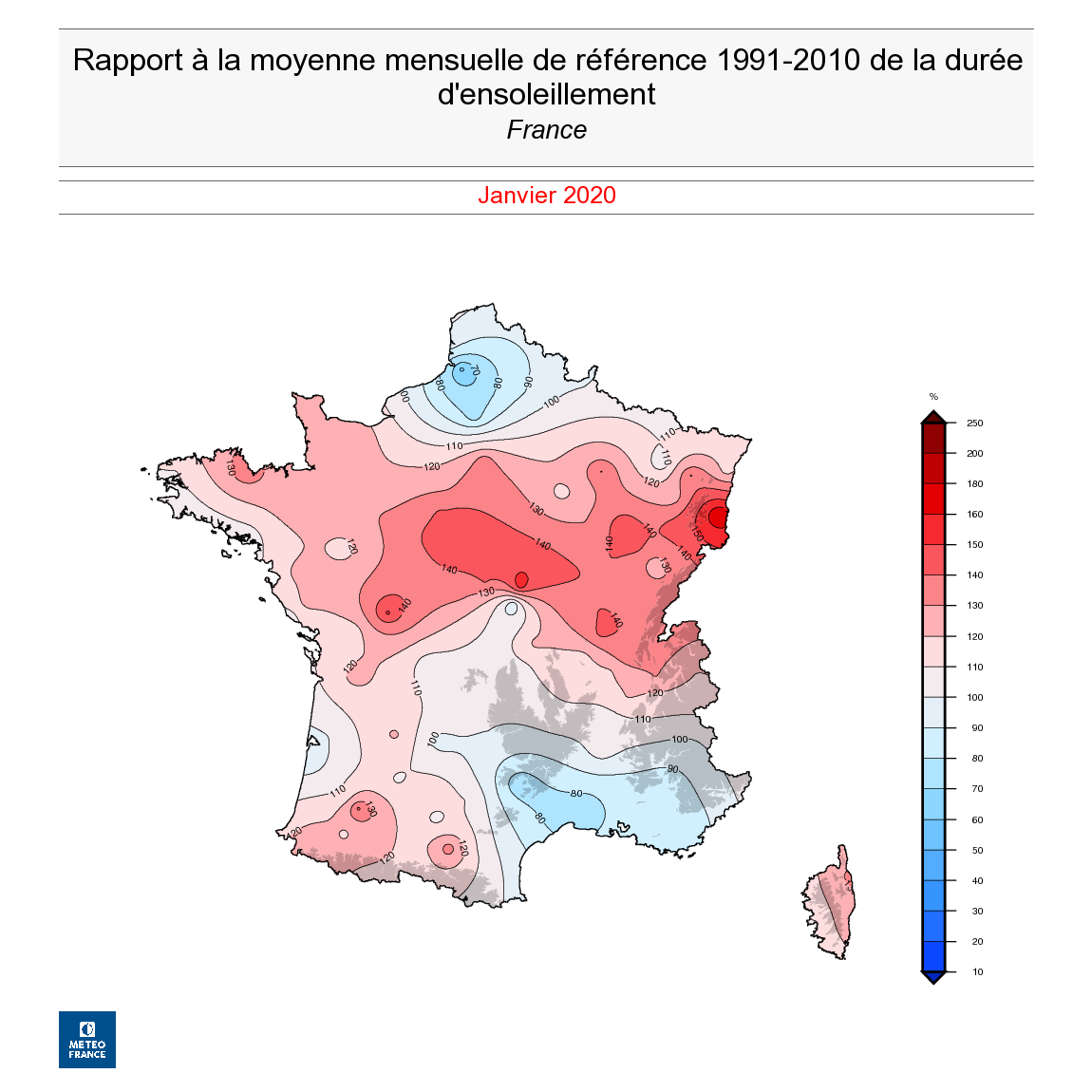Rapport à la moyenne mensuelle de la durée d'ensoleillement en France en janvier 2020