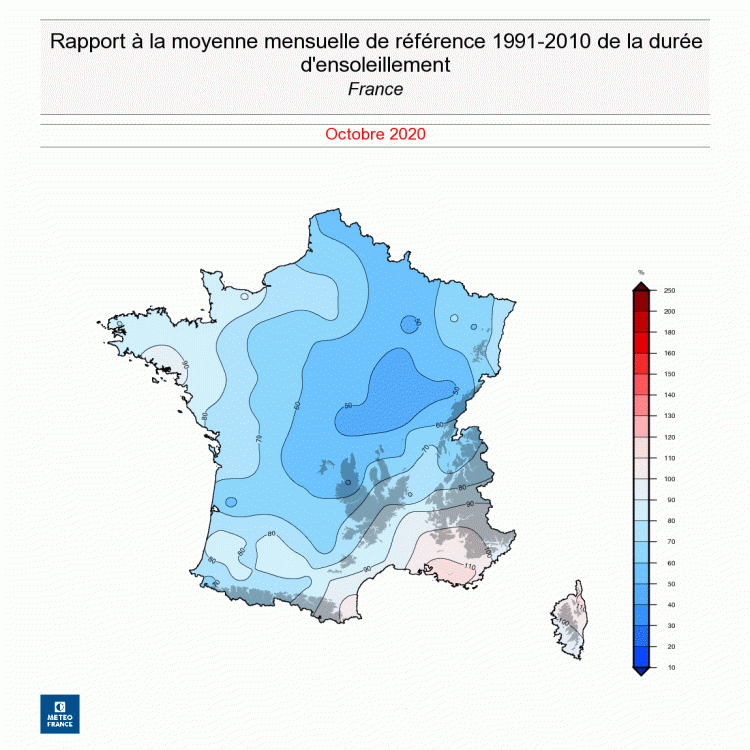 Rapport à la moyenne mensuelle de la durée d'ensoleillement, en France, en octobre 2020. © Météo-France.