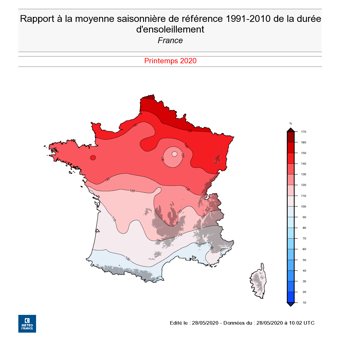 Rapport à la moyenne saisonnière de la durée d'ensoleillement - France - Printemps 2020 - © Météo-France
