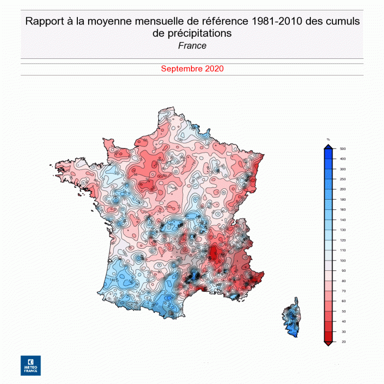 Rapport à la moyenne mensuelle des cumuls des précipitations, en France, en septembre 2020 - © Météo-France.