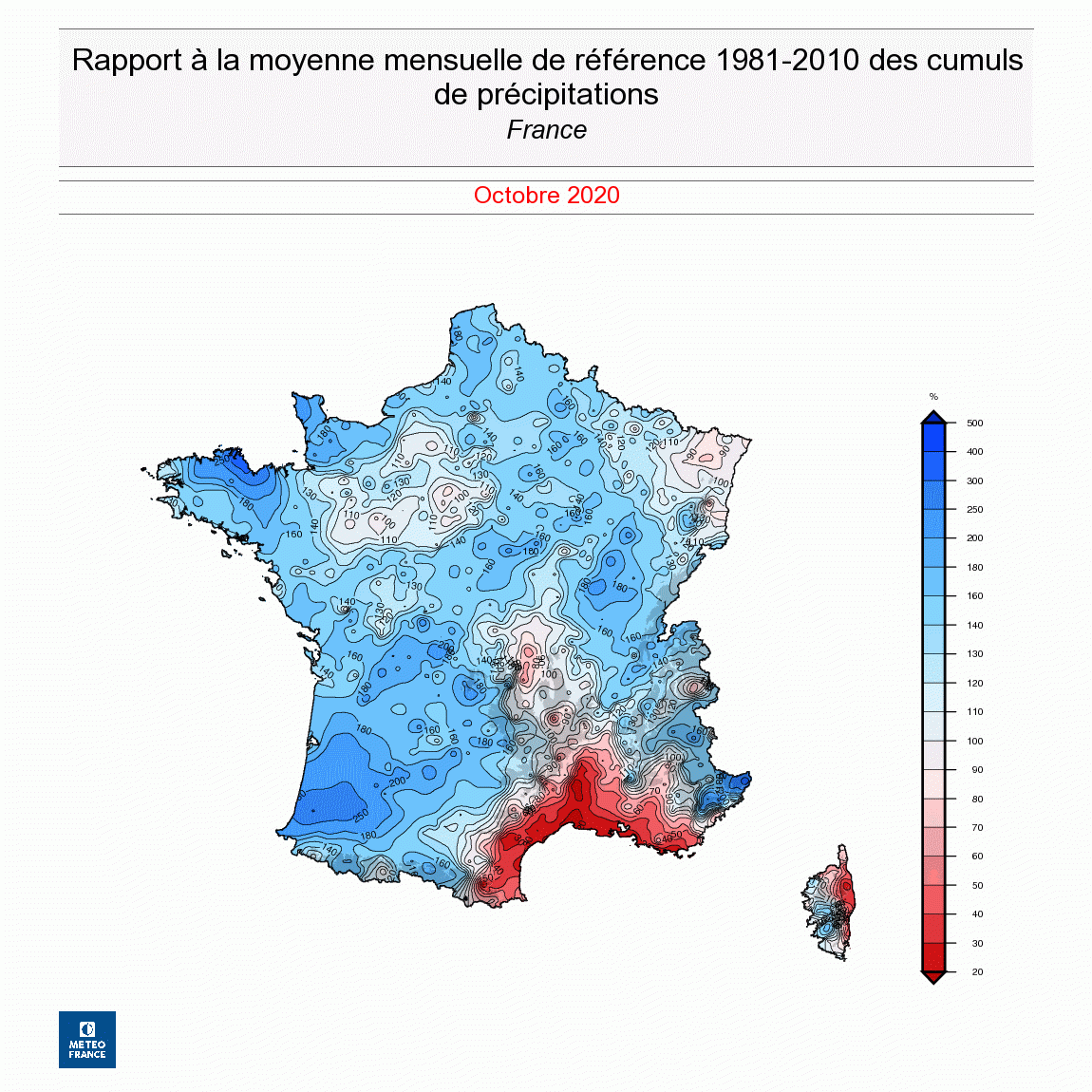 Rapport à la moyenne mensuelle des cumuls de précipitations, en France, en octobre 2020. © Météo-France.