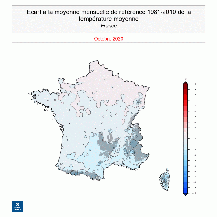 Écart à moyenne mensuelle de la température moyenne, en France, en octobre 2020. © Météo-France.