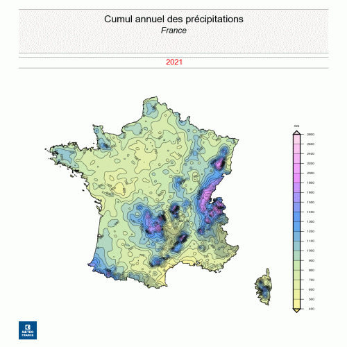 Cumul annuel des précipitations en France en 2021. © Météo-France.