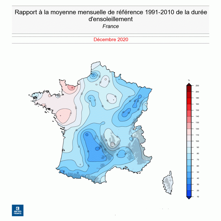 Rapport à la moyenne mensuelle de la durée d'ensoleillement - France - Décembre 2020 - © Météo-France