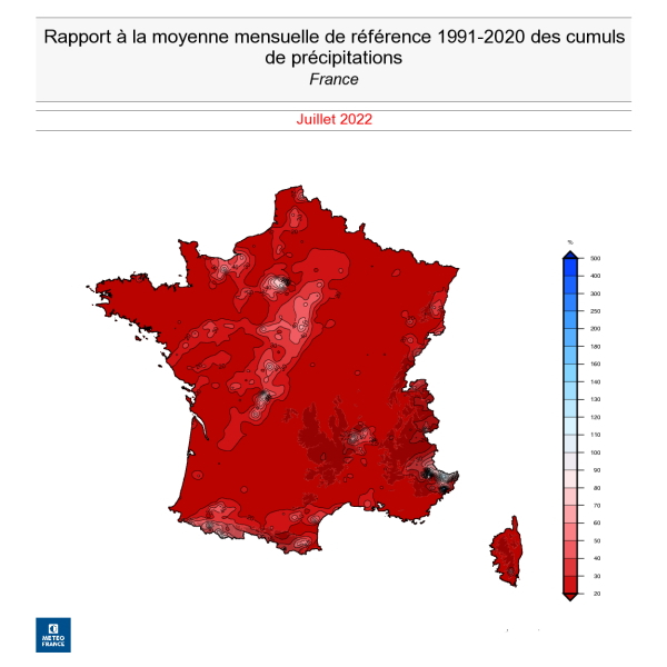 Rapport à la moyenne mensuelle des cumuls de précipitations en France en juillet 2022. © Météo-France.