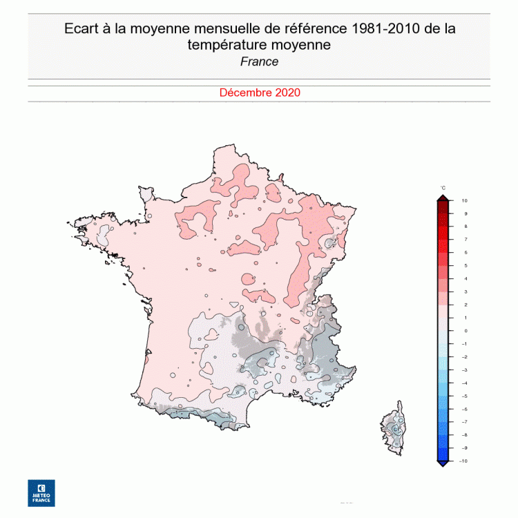 Écart à la moyenne mensuelle de la température moyenne - France - Décembre 2020 - © Météo-France