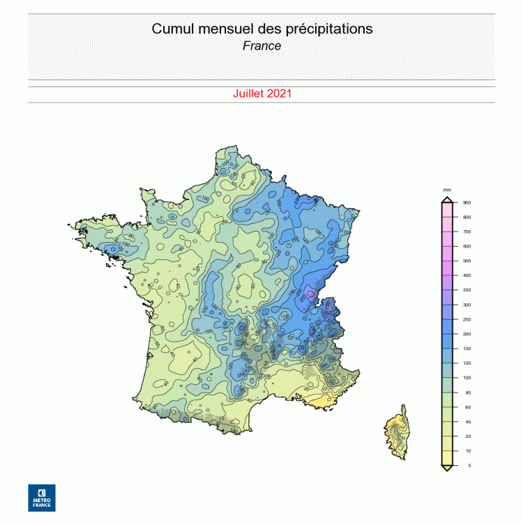 Cumul de précipitations en France - Juillet 2021 - © Météo-France.