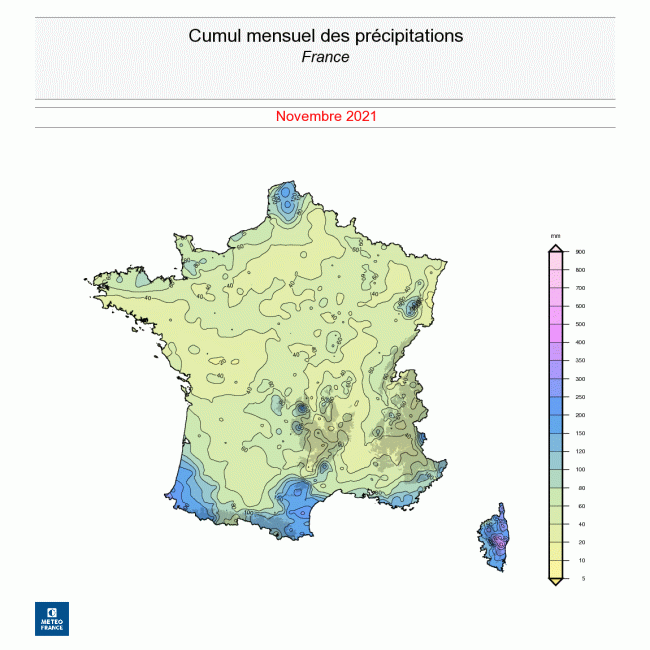 Cumul de précipitations en France en novembre 2021. © Météo-France.