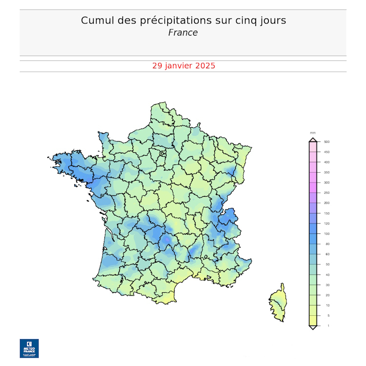 Cumul des précipitations entre le 25 et le 29 janvier 2025 © Météo-France
