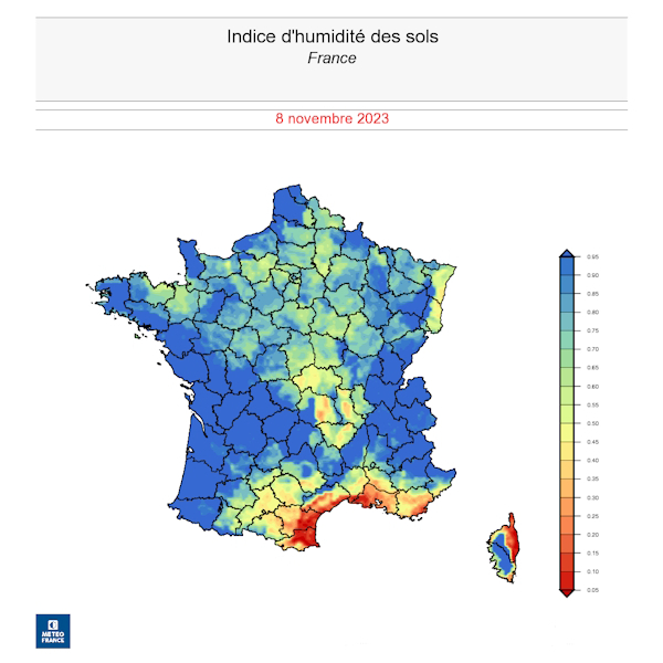 Indice d'humidité des sols en France au 8 novembre 2023. © Météo-France