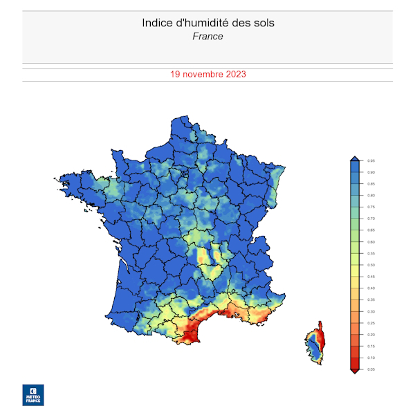 Indice d'humidité des sols sur la France le 19 novembre 2023. © Météo-France.