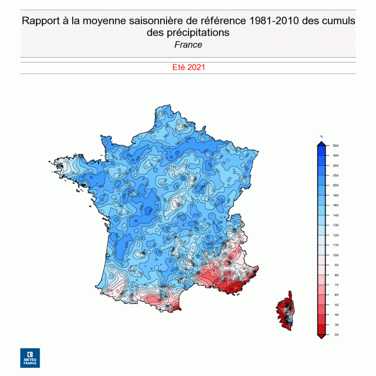 Rapport à la moyenne saisonnière des cumuls de précipitations en France entre le 1er juin et le 28 juillet 2021 - © Météo-France. 