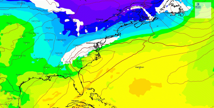 Pression réduite au niveau de la mer, température à 850 hPa et neige (en blanc) le 3 janvier 2022. © Modèle du Centre européen pour les prévisions météorologiques à moyen terme, développé en partenariat avec Météo-France.
