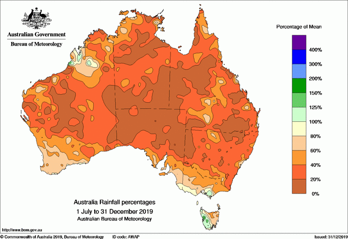 Australie : pourcentage de précipitations sur six mois depuis le 1er juillet 2019 - © BOM - Bureau of Meteorology